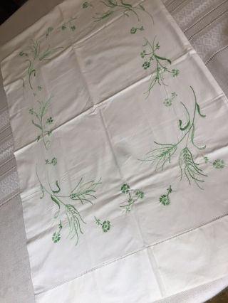 Pair Vintage White Cotton Pillowcases,  Embroidered Green floral and Wheat 5