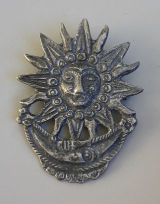 Vintage Celestial Moon & Sun Face Brooch Pin Brooch In Pewter Tone Metal