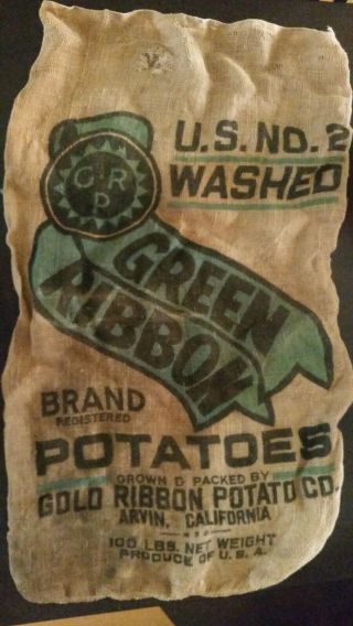 Vintage Burlap Potato Sack - 100 Lds.  - Green Ribbon Potato Co.  - California