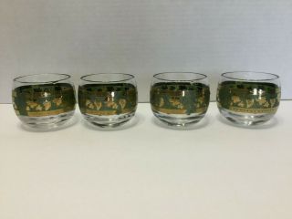 Vintage Cera Golden Grapes Green Small Roly Poly Glasses Set Of 4