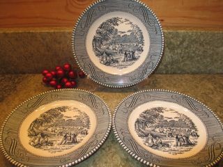 3 Vintage Currier And Ives Bread & Butter Plates " Harvest " Blue & White 6 3/8 "