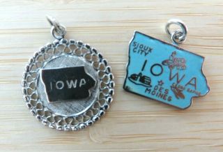 Vtg Sterling Silver Enamel Iowa Map Pair Travel Bracelet Charms