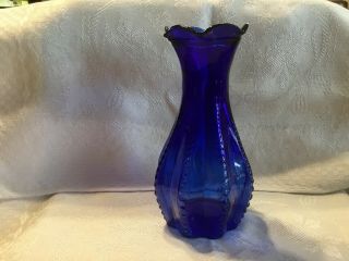 Vintage Cobalt Blue Beaded Fluted Glass Vase Marked Usa 3 On Bottom 7”
