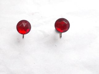 Vintage Art Deco Red Faceted Glass Crystal Bead Screw Fasten Earrings