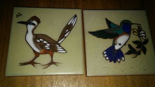 2 Vintage 4x4 Cleo Teissedre Hand Painted Art Tile Birds