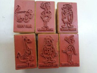 Set Of 6 Vintage Rubber On Wood Cut Printing Block Flintstone Characters
