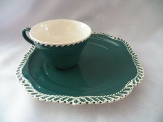 Vintage Harker Pottery Corinthian Teal Green Cup & Snack Plate Set