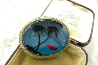 Vintage Jewellery Butterfly Wing Palm Tree Marine Scene Brooch Pin Lovely