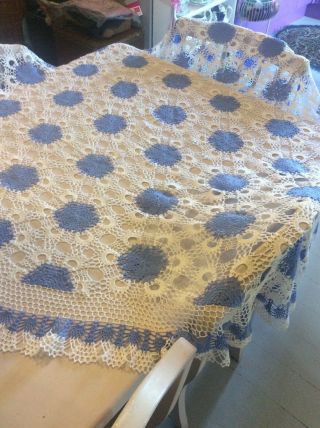 Vintage Crochet White/ Blue Circular Table Cloth Approx 60,  Ins