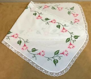 Vintage Dresser Scarf,  Embroidered Flowers & Leaves,  White,  Pink,  Green,  Lace