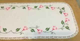 Vintage Dresser Scarf,  Embroidered Flowers & Leaves,  White,  Pink,  Green,  Lace 2