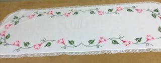 Vintage Dresser Scarf,  Embroidered Flowers & Leaves,  White,  Pink,  Green,  Lace 3