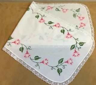 Vintage Dresser Scarf,  Embroidered Flowers & Leaves,  White,  Pink,  Green,  Lace 4
