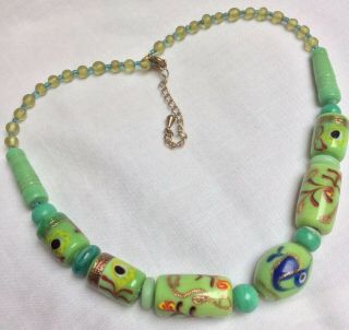 Vintage Apple/jade Green Murano Glass Trade Bead Style Hand Painted Necklace