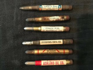 6 Old Antique Vintage Bullet Pencils Oil Coal Kansas City,  Jersey,  Etc.  0615