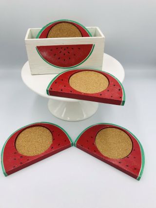 Vintage Set Of 4 Watermelon Wood & Cork Coasters W/ Matching Wood Storage Case