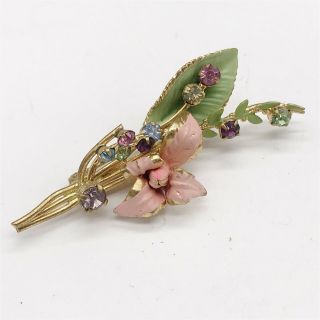 Vintage Ladies Costume Jewellery Bright Enamel Flower Leaf Gold Tone Pin Brooch