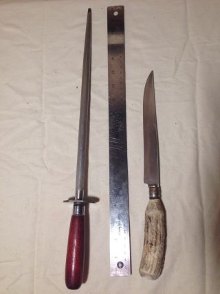 Vintage Elk Horn Handled Carving Knife & Butchers 14in Sharpening Steel Rod