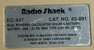 Radio Shack Vintage Calculator Dual Powered Solar Battery EC - 447 Flip Up Screen 4