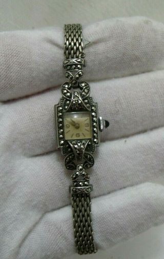 Vintage Silver Colour Marcasite Blue Winder Mechanical Handwind Wrist Watch
