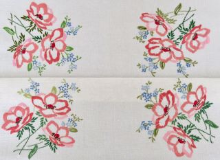 Vintage Stunning Hand Embroidered Linen Tablecloth Wild Roses & Forget Me Nots