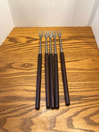 Vintage Fondue Fork Set Of 5 Inox Brown Wood Handle France