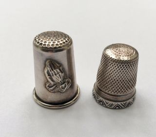 2 Lovely Vintage Solid Silver Thimbles,  Praying Hands,  Israel Etc