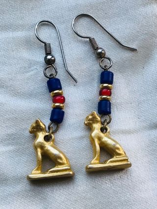 Vintage Jewellery Egyptian Cat Dangle Earrings With Makers Stamp
