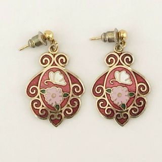 Vintage Enamel Gold Tone Red Pink Flower Floral Ladies Earrings