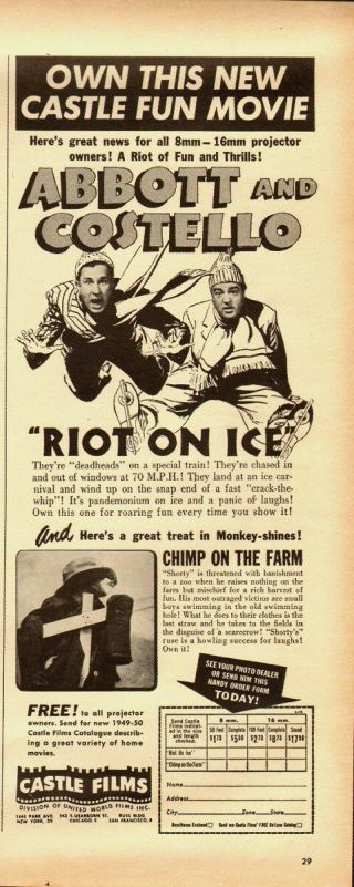 1949 Vintage Ad For Castle Films/abbott And Costello " Riot On Ice " (061213)