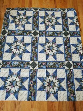 Vintage Cheater Star " Quilt " Print Fabric Cotton Blue Cream Floral 88 " W X 51 " L