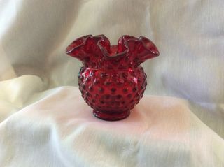 Fenton Ruby Red Hobnail 4 1/2 " Double Crimped Vase,  Vintage Art Glass
