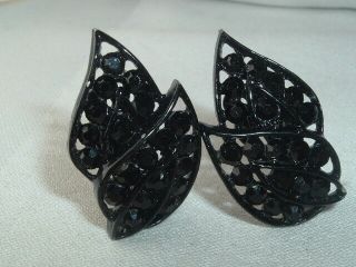 Vintage Filigree Black Leaf Clip Earrings