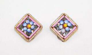 Vintage Micro Mosaic Clip On Earrings Floral Design Petite 5/8 "