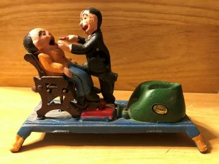 Vintage Cast Iron Dentist And Patient Mechanical Coin Bank Metal Toy