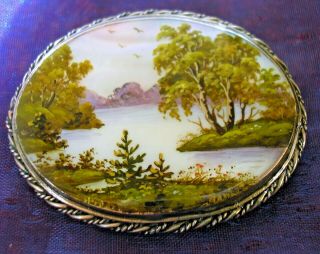 Gorgeous Vintage Russian Brooch Finely Detailed River Scene On Mother Of Pearl