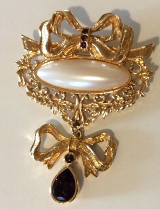 Vintage Avon Amethyst Faux Pearl Bow Pin Brooch