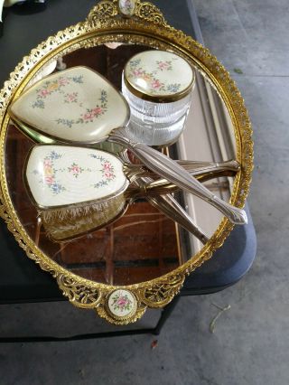 Antique Vintage 4 - Piece Vanity Set Gold - Tone Tray Brush,  Mirror,  Powder Bowl