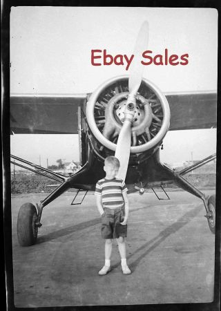 H1 - E Vintage Photo Negative - Little Boy In Front Of Airplane - Old