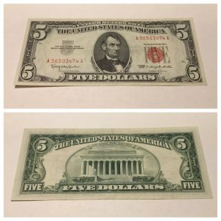 Vintage $5 1963 United States Note Five Dollars Dollar Bill Lincoln Red Seal Vnc