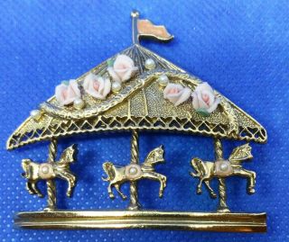 Vintage 1928 Brand Carousel Horses Pink Resin Roses Faux - Pearls Flag Pin Brooch