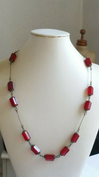 Czech Red Faceted Glass Bead Necklace Vintage Deco Style 2