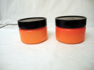 2 Vintage Anchor Hocking Small Orange Canisters W Black Plastic Lids