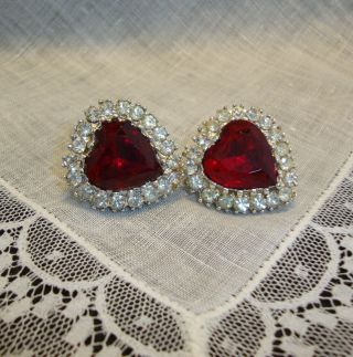 Vintage Coro Red & Clear Rhinestone Clip Earrings Heart Shape