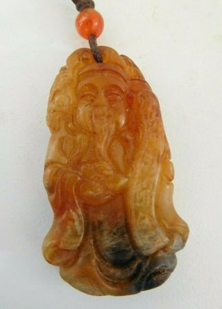 Vintage Chinese Jade Confucius Pendant On Cord & Bead 1 - 3/4 Long By 1 Inc