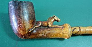 Vintage Clay & Wooden Pipe With Design Of Horse On Bowl