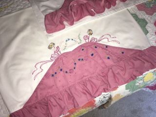 Vintage Pair Embroidered Pillowcases Double Southern Belle Pink Ruffled Skirt