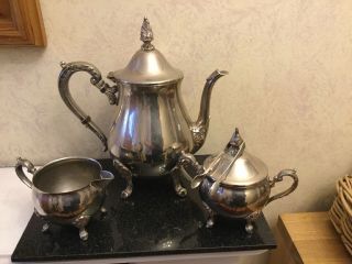 Vintage Heavy Silver Plated Teapot,  Lidded Sugar Bowl,  Milk Jug & Tongs