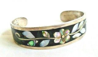 Vintage 1980s Alpaca Mexican Silver With Mother Of Pearl Inlay Bangle