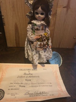 Vintage Big Eye Bradley Doll W/original Label,  Certificate And Box.  10” 1979